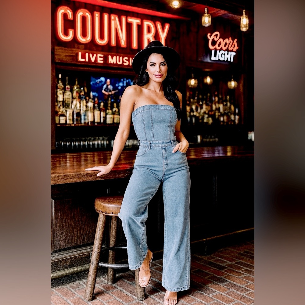 RODEO REBEL STRAPLESS STRETCH WIDE LEG POCKET DENIM JUMPSUIT - Picture 6 of 9